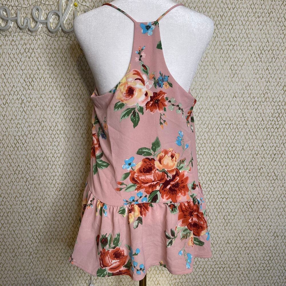 How Very Loved Pink Floral Loose Fit Ruffle Hem Racer Back Tank Top Size S - Picture 5 of 8